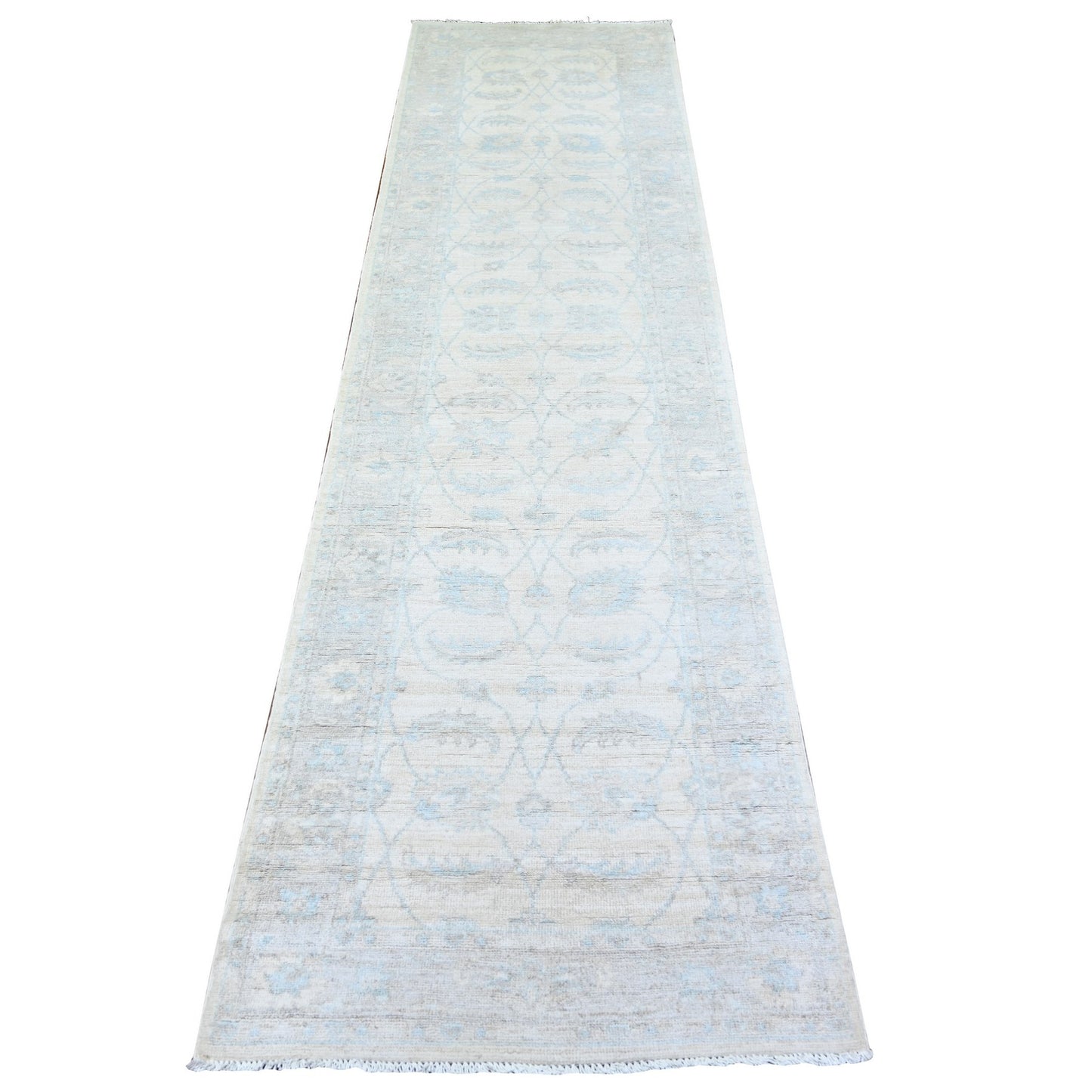 2'7"X10' Daisy White Wool Hand Knotted Washed Out Runner Oriental Rug