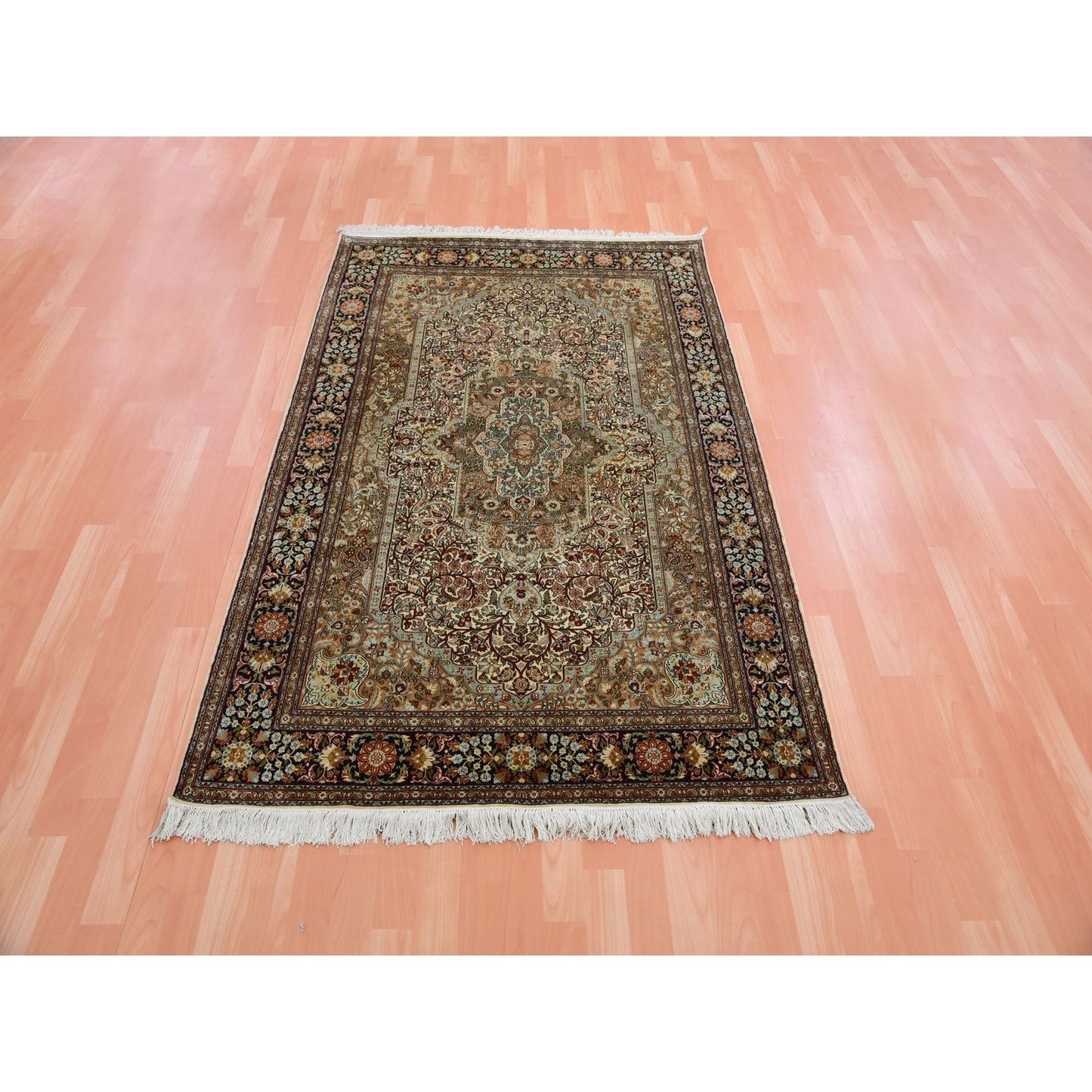 4'1"X6'1" Tobacco Brown Hand Knotted 100% Silk 400 Kpsi Oriental Rug