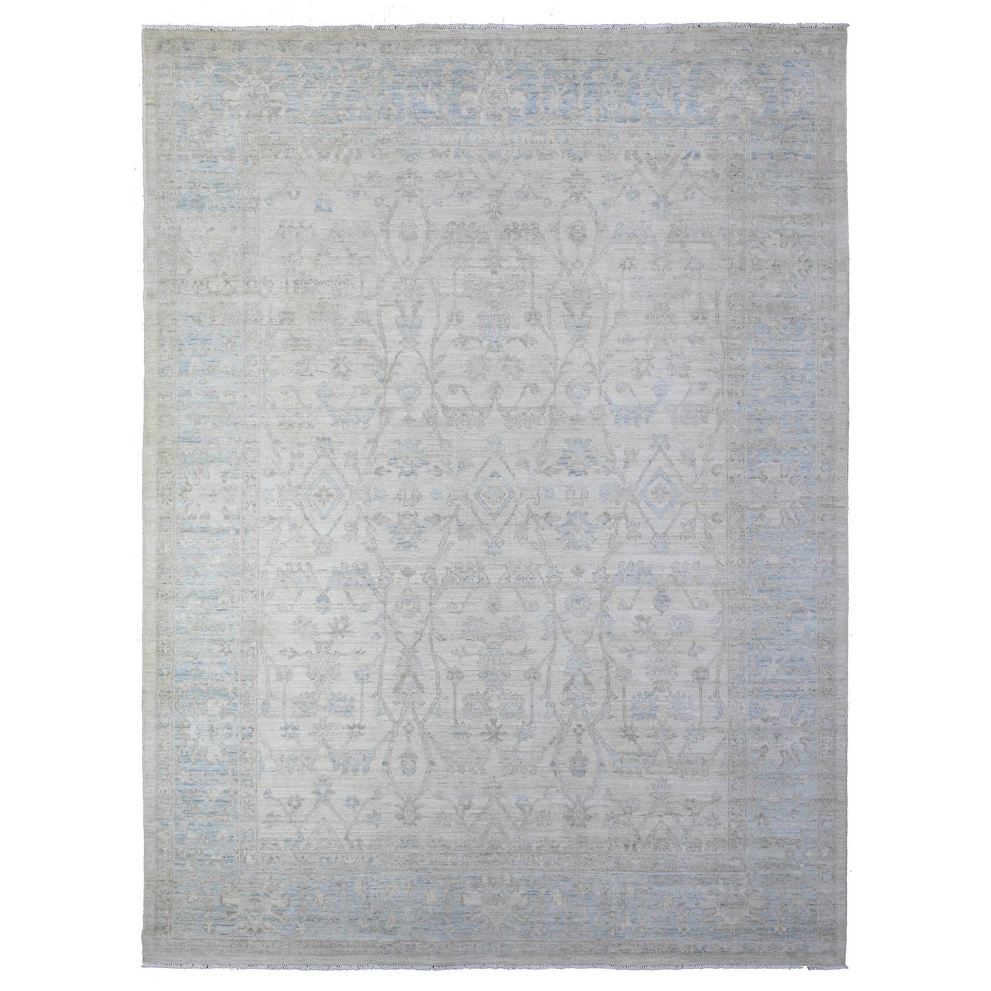 9'X11'9" Vista White Hand Knotted Pure Wool Stone Wash Peshawar Rug