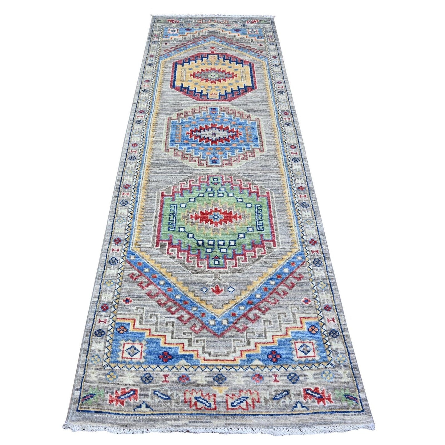 3'1"X9'9" Gray Angora Oushak Medallions Wool Hand Knotted Runner Rug