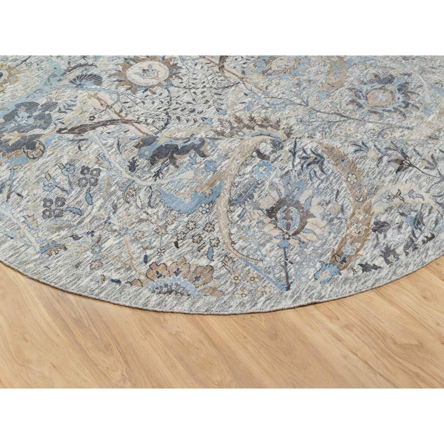 10'X10' Tahira White Hand Knotted Silk And Wool Sickle Leaf Round Rug