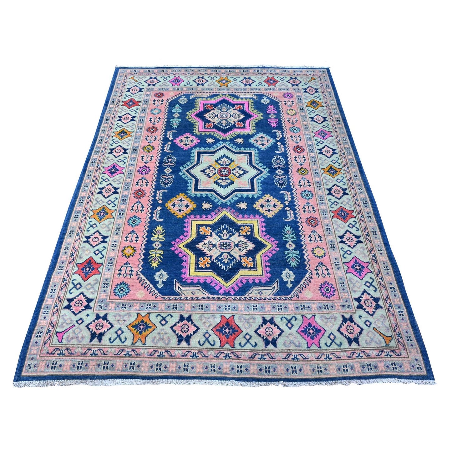 5'X6'10" Lowes Blue Multiple Borders Vibrant Fusion Kazak Oriental Rug