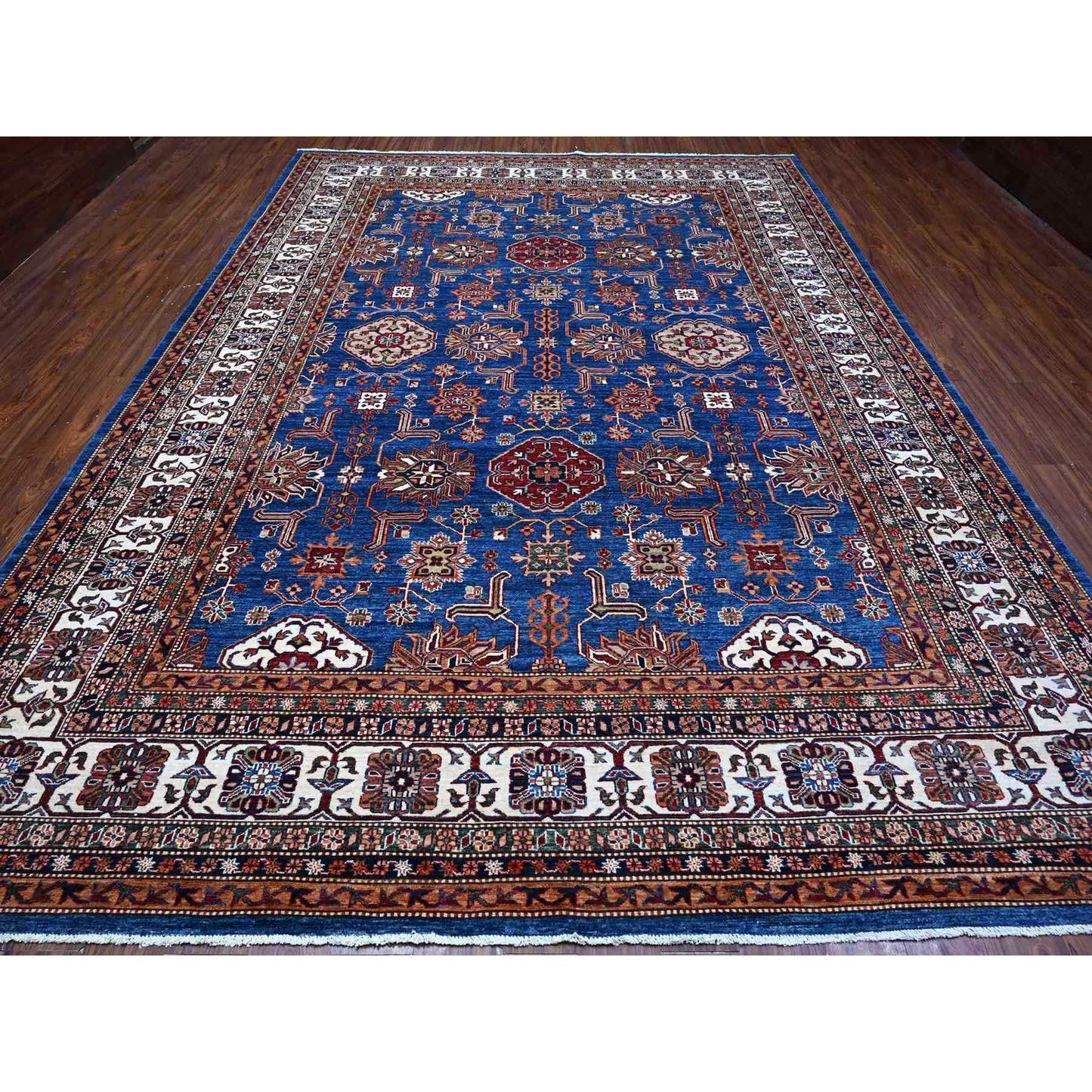 9'10"X13'5" Periwinkle Blue Super Kazak Wool Hand Knotted Geometric Rug
