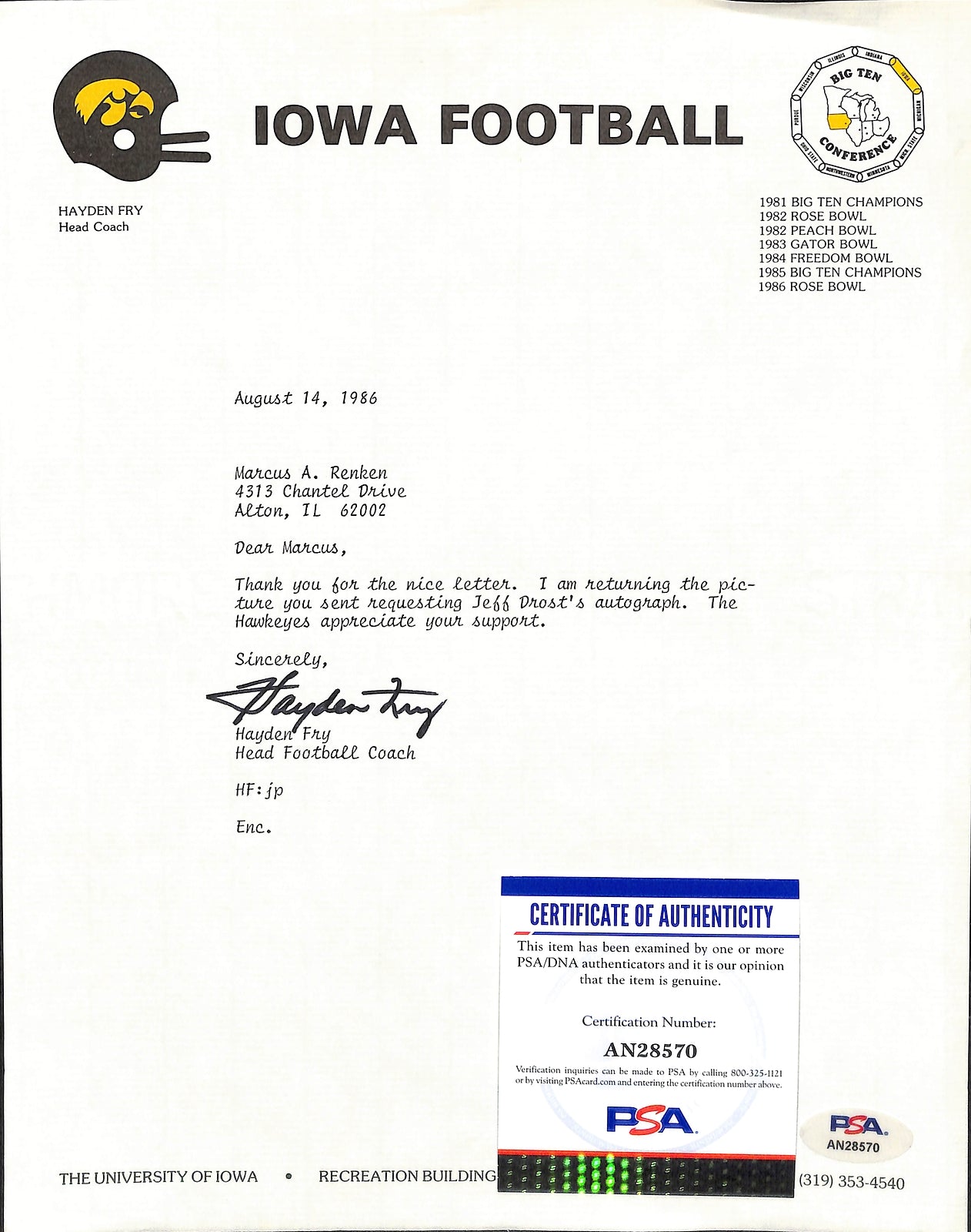 Hayden Fry Football Coach Signed Tls Letter