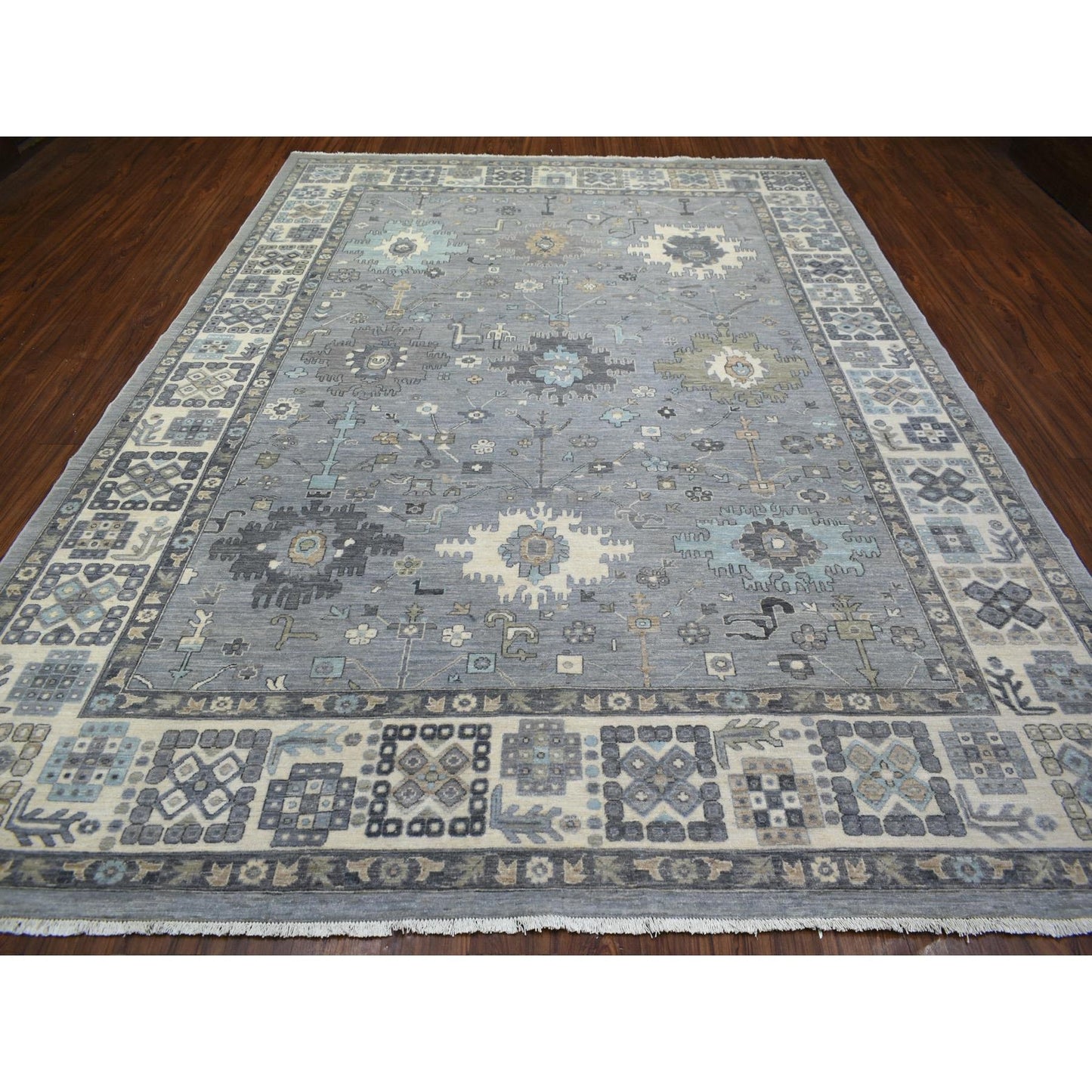 9'X12' Gray Afghan Wool Hand Knotted Fine Peshawar Densely Woven Rug