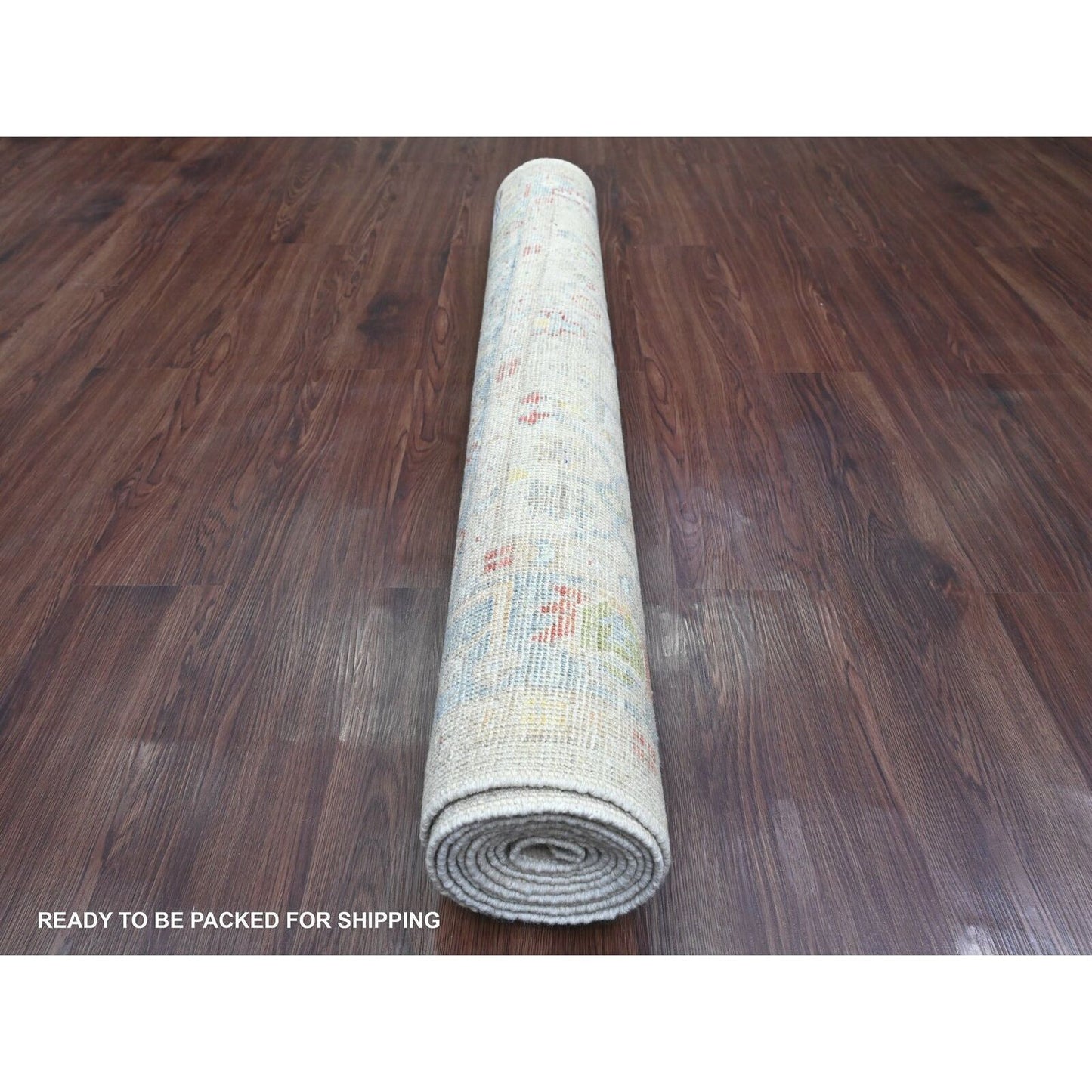 4'1"X10'1" White Hand Knotted Angora Oushak Leaf Design Wool Runner Rug