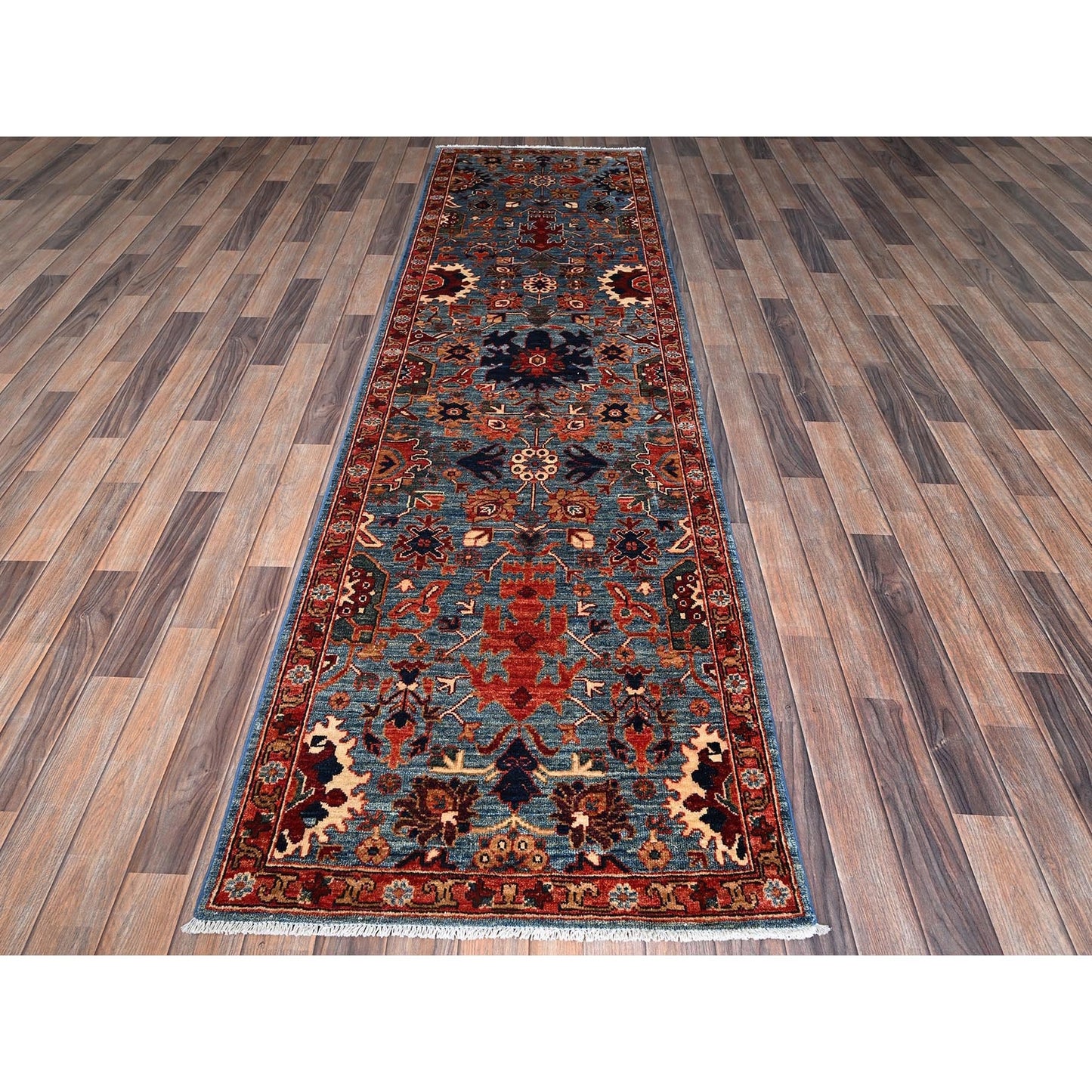 2'10"X9'10" Blue Heris All Over Design Hand Knotted Soft Wool Runner Rug