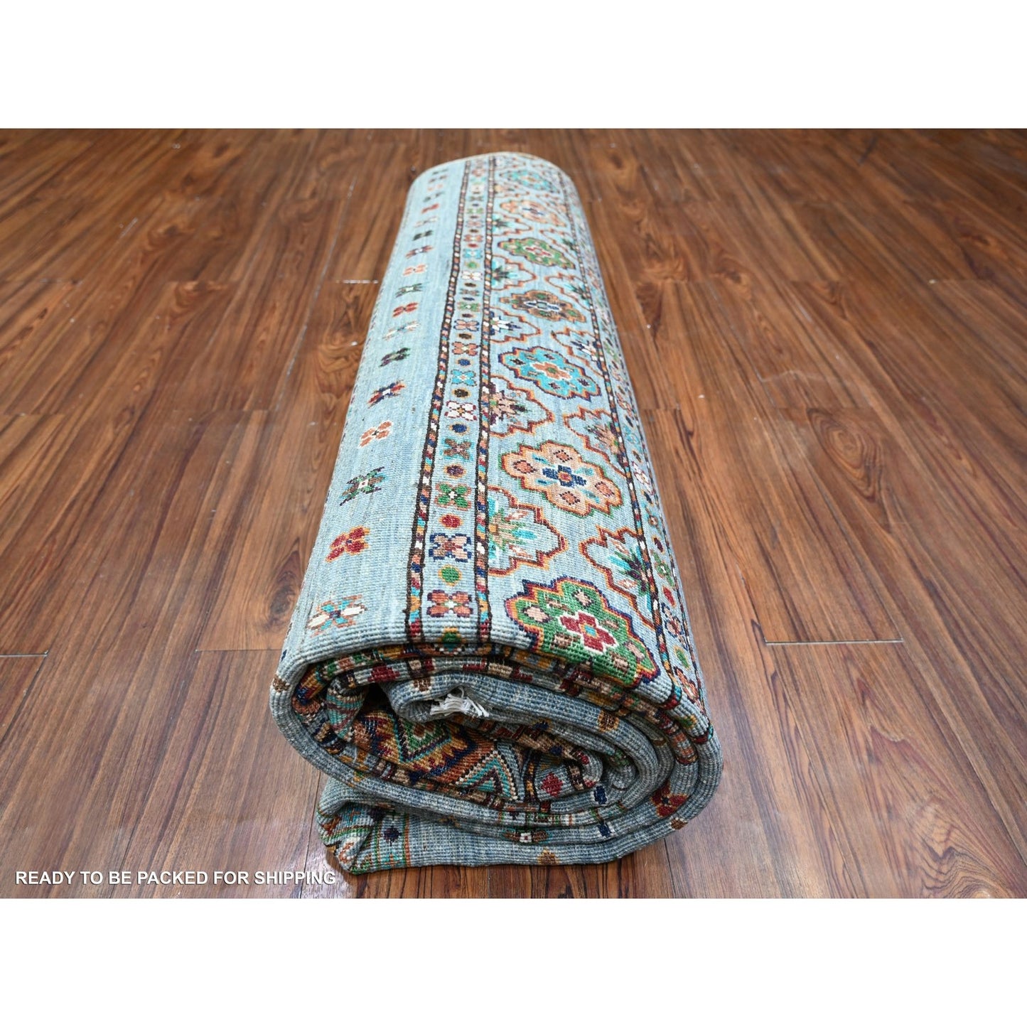 8'2"X11'10" Blue Gray Super Kazak Khorjin Design Hand Knotted Wool Rug