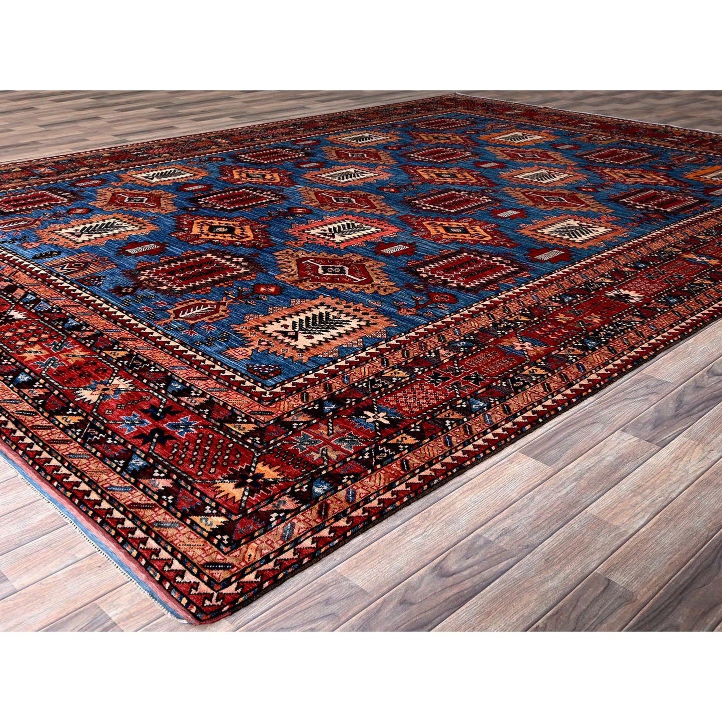 10'X13'6" Blue Afghan Ersari Caucasian Design Revival Hand Knotted Wool Rug