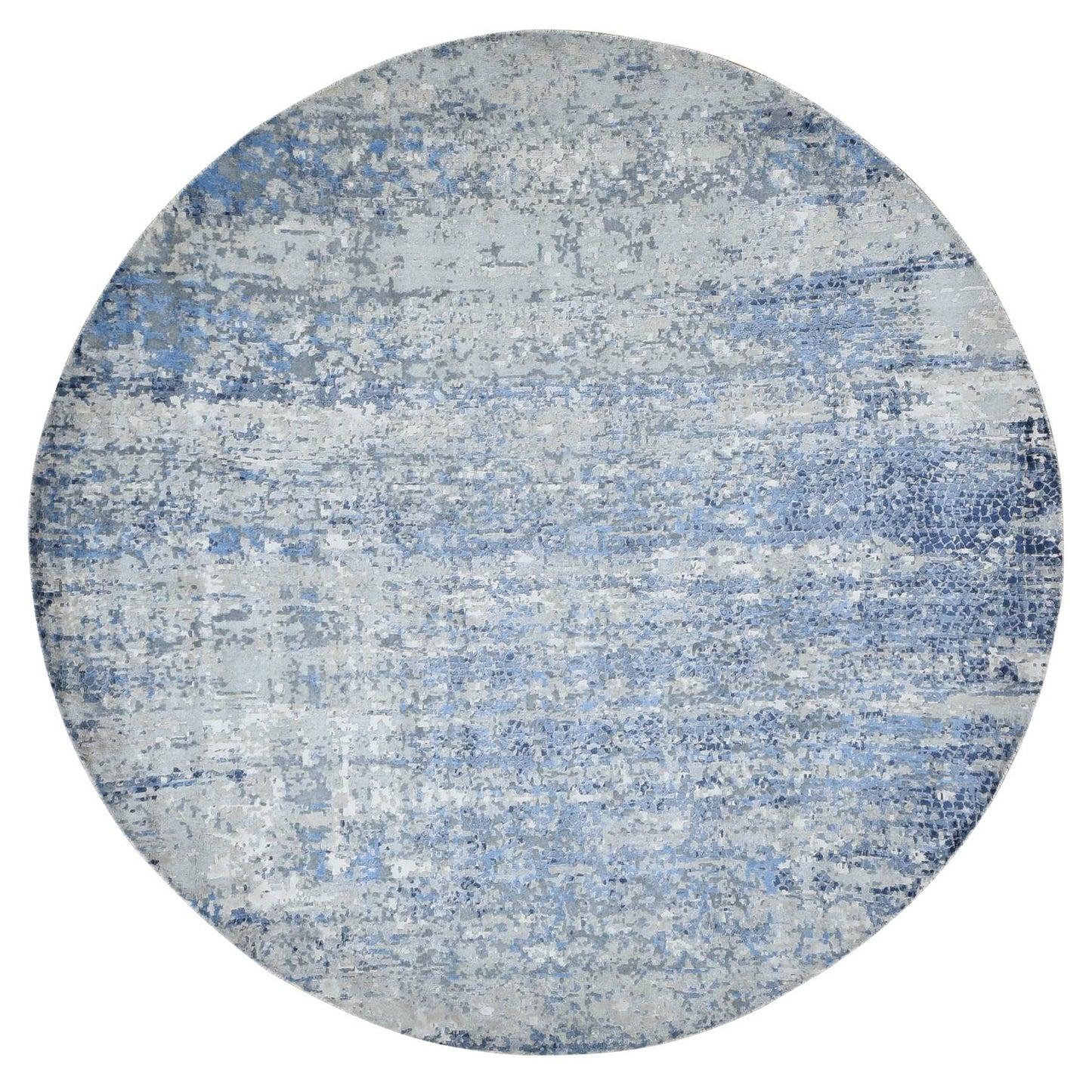 9'X9' Blue Broken Mosaic Wool And Silk Hand Knotted Round Rug