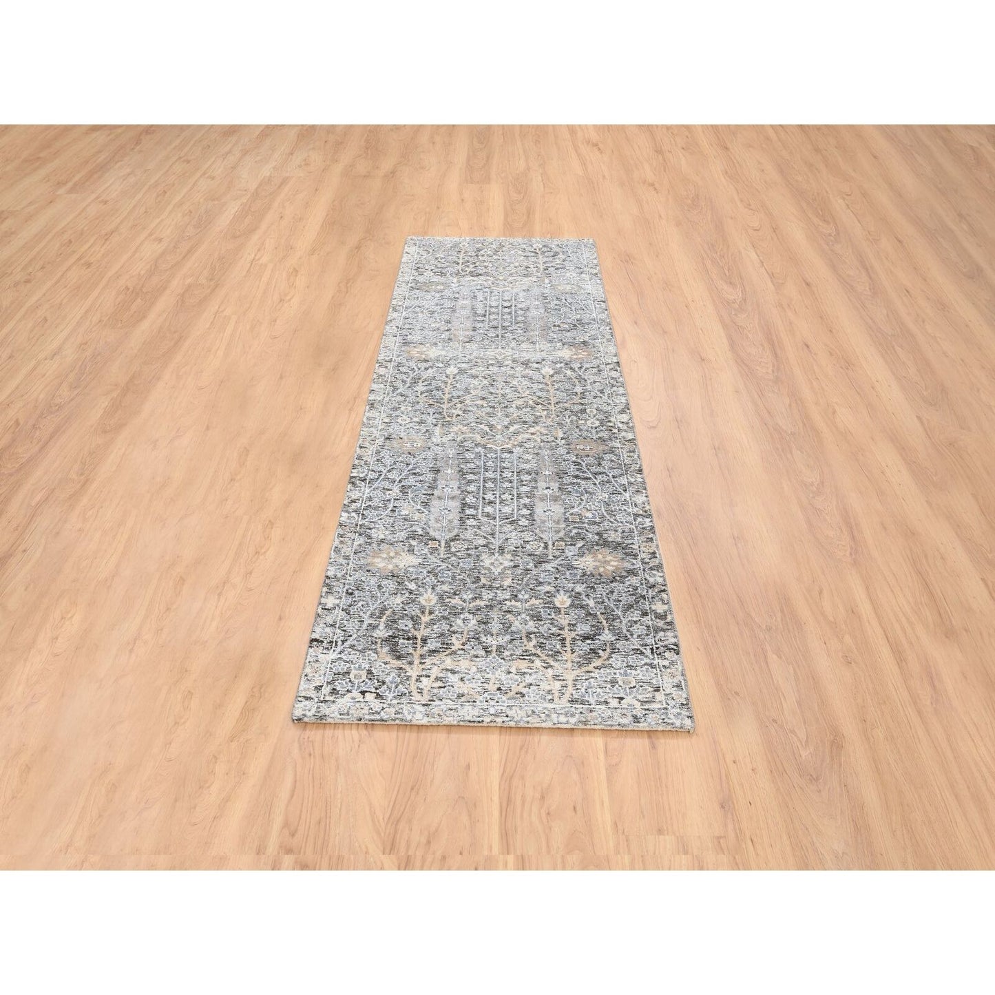 2'7"X8'3" Silver Silk/Wool Hand Knotted Willow And Cypress Runner Rug