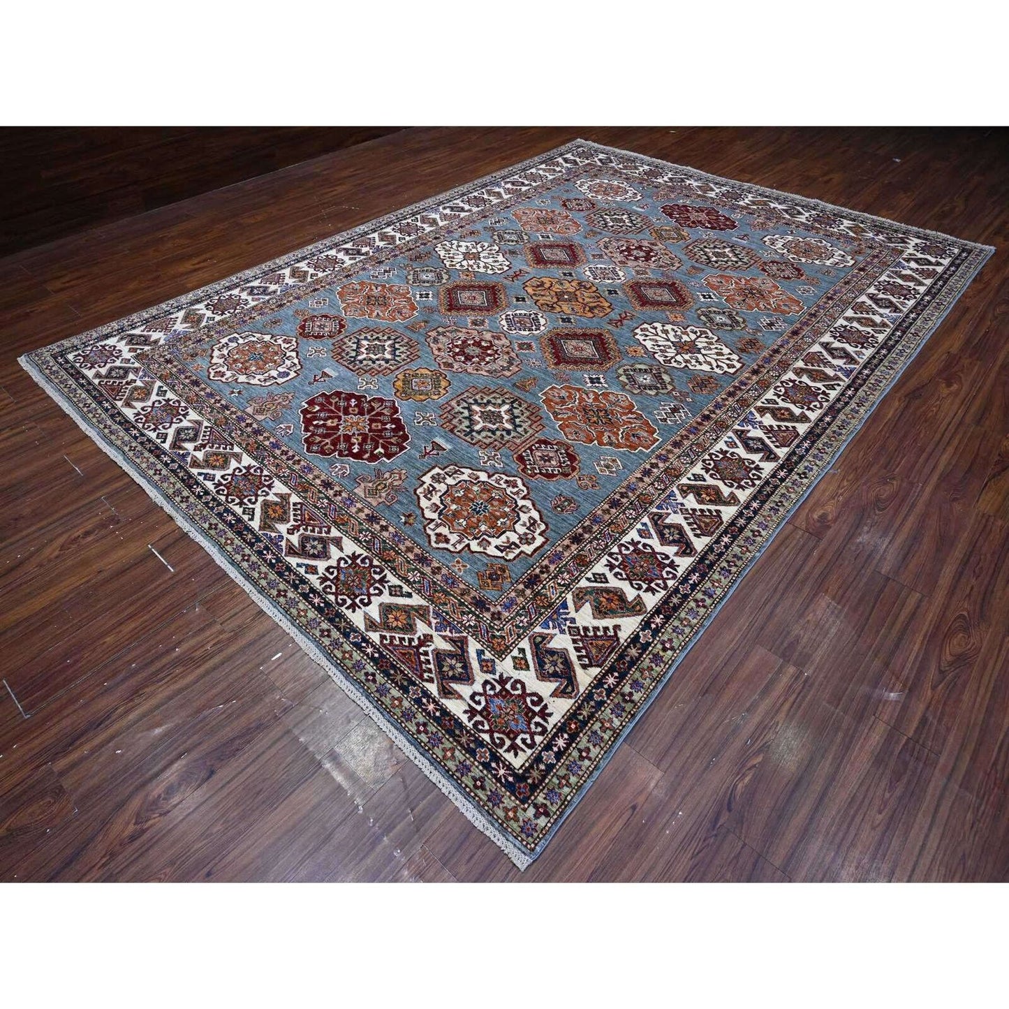 9'X12'5" Normandy Gray Hand Knotted Super Kazak Tribal Wool Oriental Rug