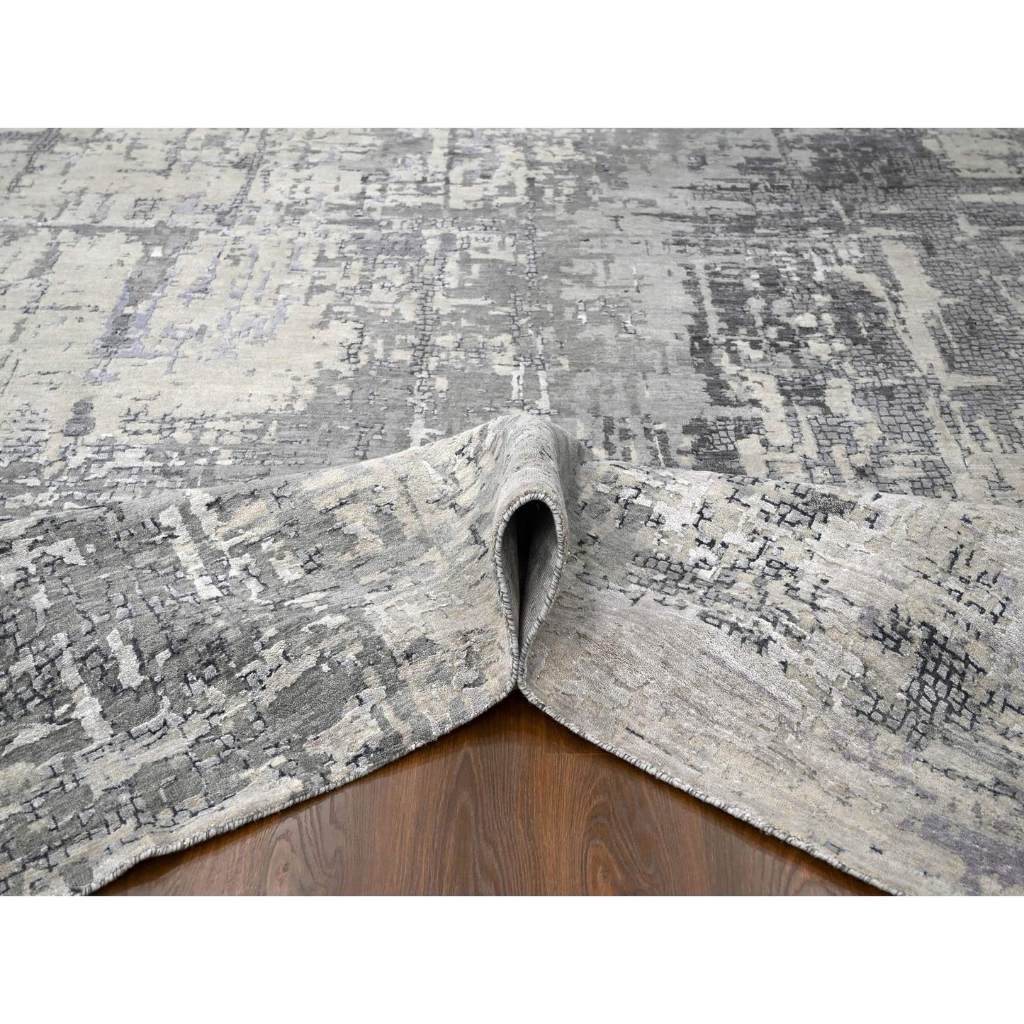 12'X12' Gray Abstract Design Wool And Silk Hand Knotted Square Rug