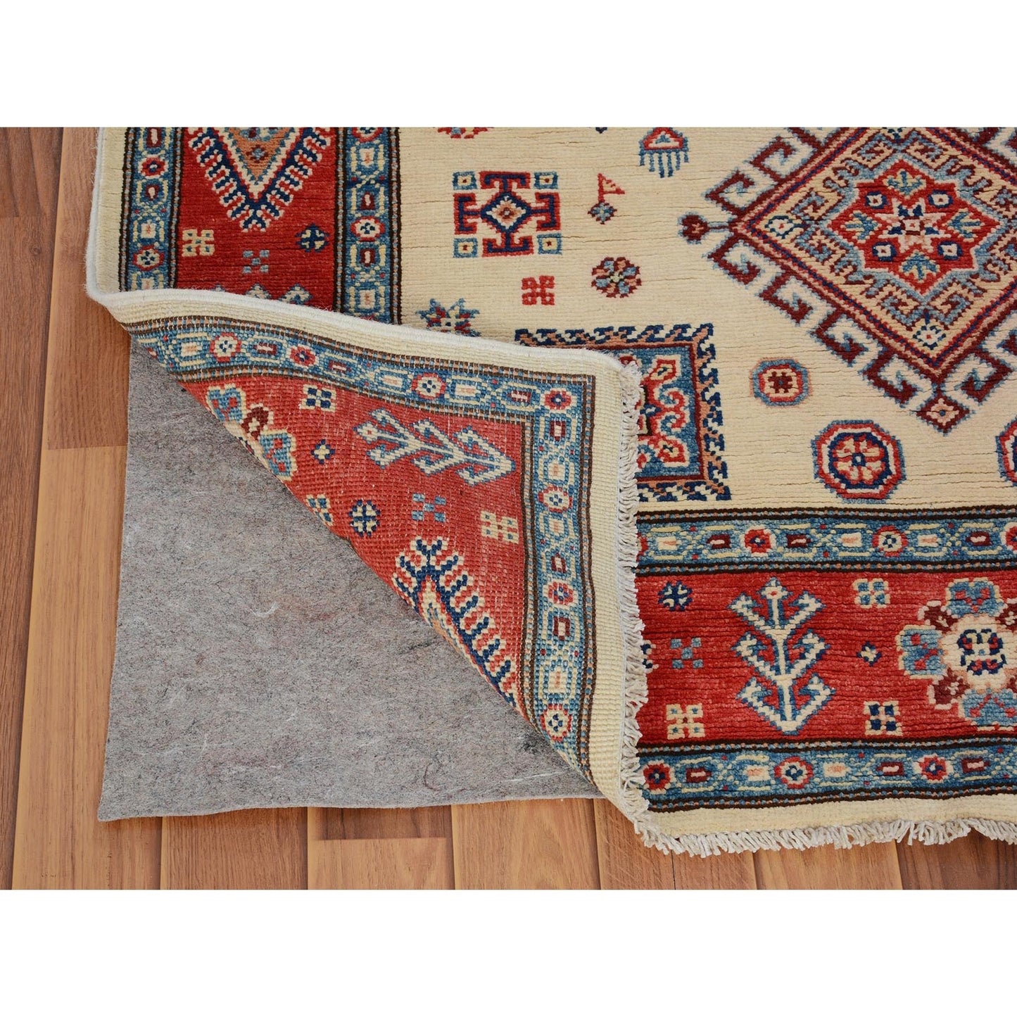 4'X5'10" Ivory Special Kazak Tribal Design Pure Wool Hand Knotted Rug