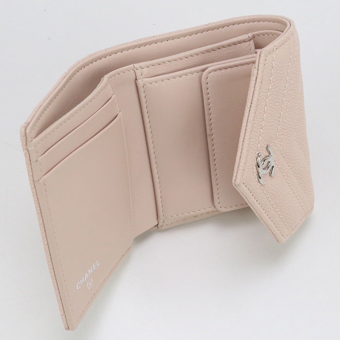 Chanel A84346 Tri-Fold Wallet Chevron V Stitch Small Flap Wallet Leather Pink Women