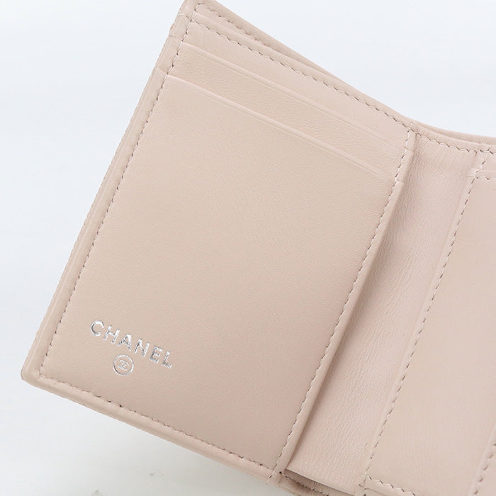 Chanel A84346 Tri-Fold Wallet Chevron V Stitch Small Flap Wallet Leather Pink Women