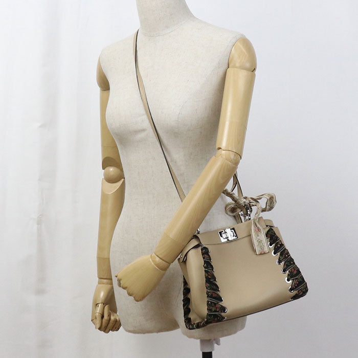 Fendi 8Bn244 Handbag Peek-A-Boo Mini 2Waytote Bag Calf Leather Beige Women