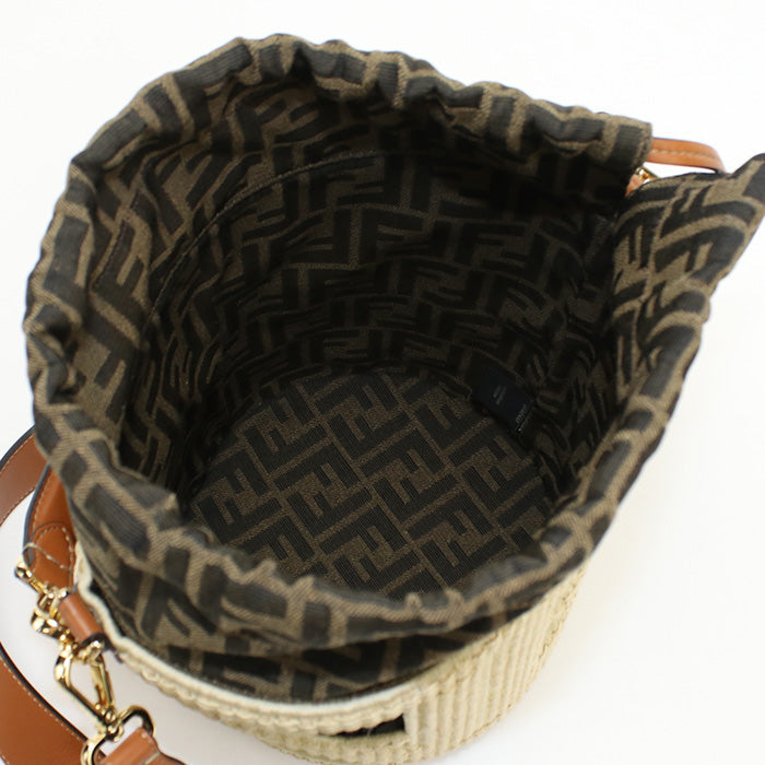 Fendi 8Bt364 Handbag Step Out Medium Bucket Bag Straw,Jacquard Canvas Two-Tone Color(Beige) Women