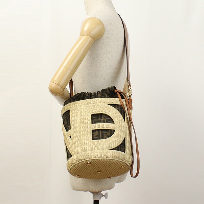 Fendi 8Bt364 Handbag Step Out Medium Bucket Bag Straw,Jacquard Canvas Two-Tone Color(Beige) Women