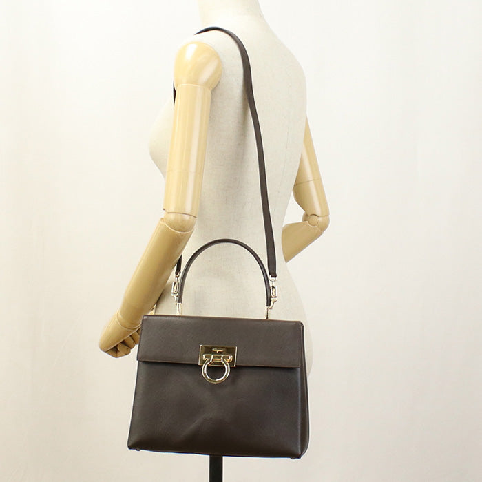 Ferragamo 21 0290 2Way Handbag Gancini Shoulder Bag Calfskin Brown Women