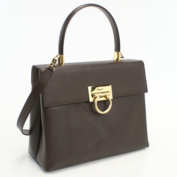 Ferragamo 21 0290 2Way Handbag Gancini Shoulder Bag Calfskin Brown Women