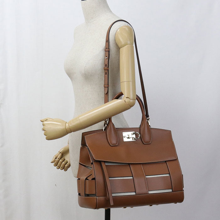 Ferragamo 21 H900 2Way Gancini Tote Bag Calfskin Brown Women
