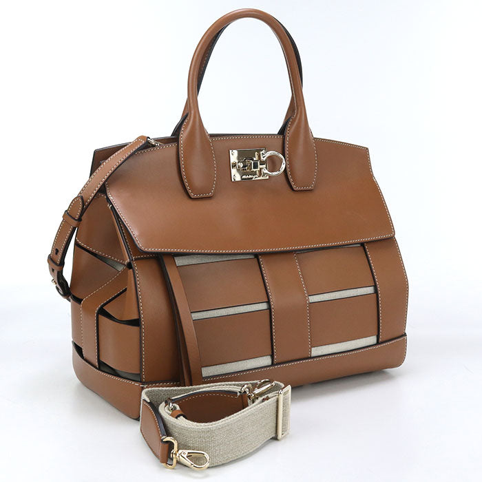 Ferragamo 21 H900 2Way Gancini Tote Bag Calfskin Brown Women