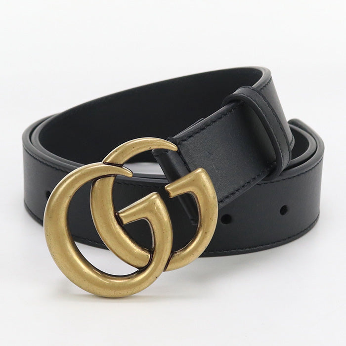 Gucci Gu88987 Reversible Slim Belt Double G Belt Leather Black Mens