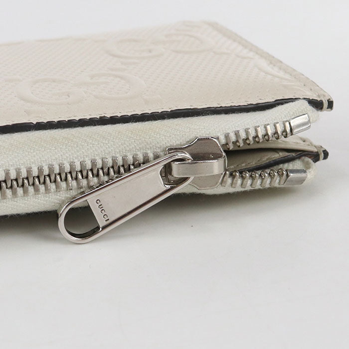 Gucci 657571 L-Shaped Zipper Wallet Gg Emboss Zip Around Leather White Women