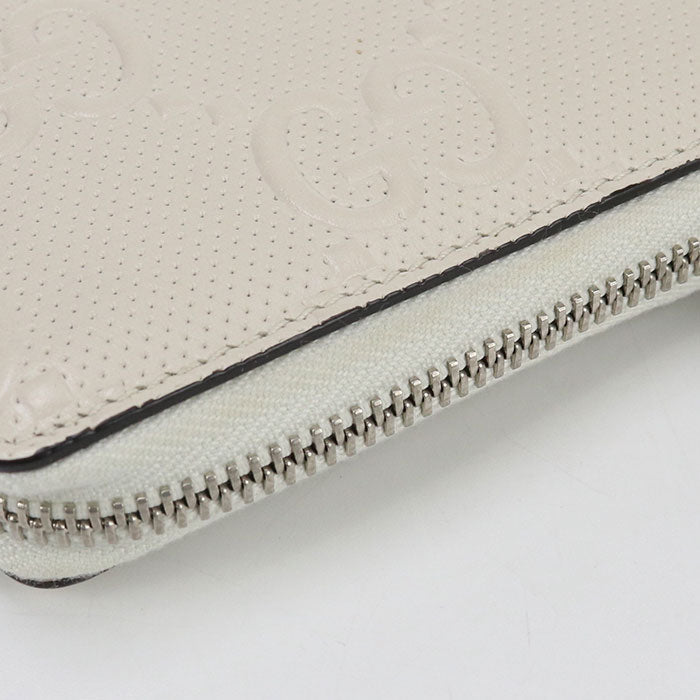 Gucci 657571 L-Shaped Zipper Wallet Gg Emboss Zip Around Leather White Women