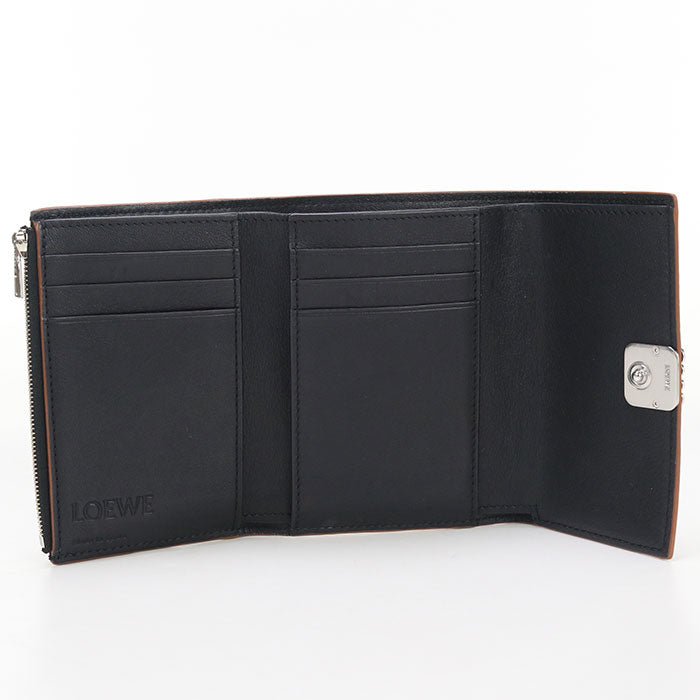 Loewe C821S33X01 Vertical Anagram Three Fold Wallet Calfskin Black Women