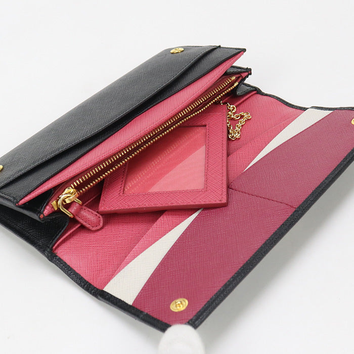 Prada Saffiano Multicolor Long Wallet With Double Fold Coin Purse Black Women
