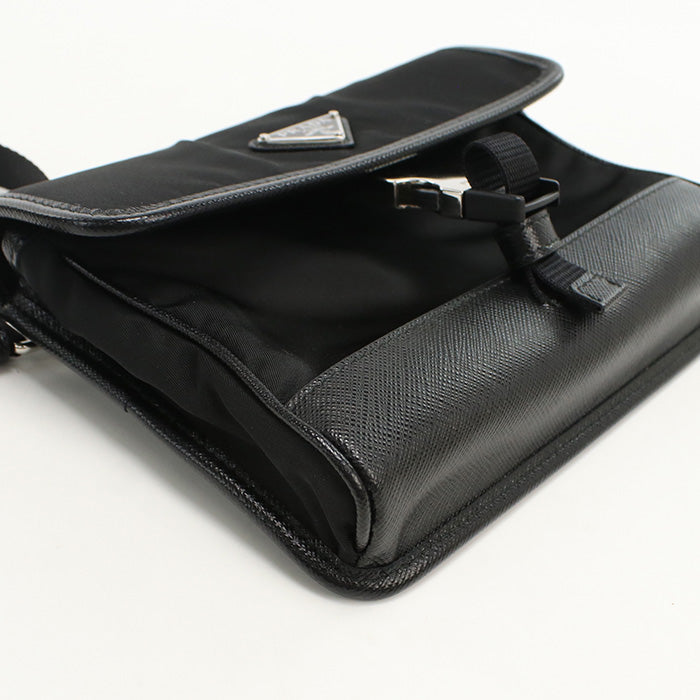 Prada 2Zh108 Diagonal Shoulder Bag Nylon/Safiano Leather Black Mens