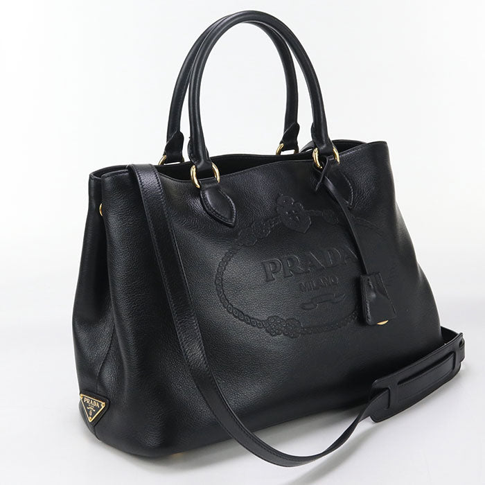 Prada 1Ba579 Tote Bag Embossed Logo 2Way Handbag Leather Black Women(Unisex)