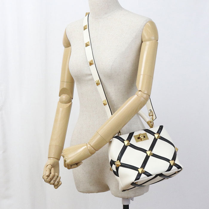 Valentino 2Way Handle Bag Roman Studs Handbagn Nappa Leather White Women