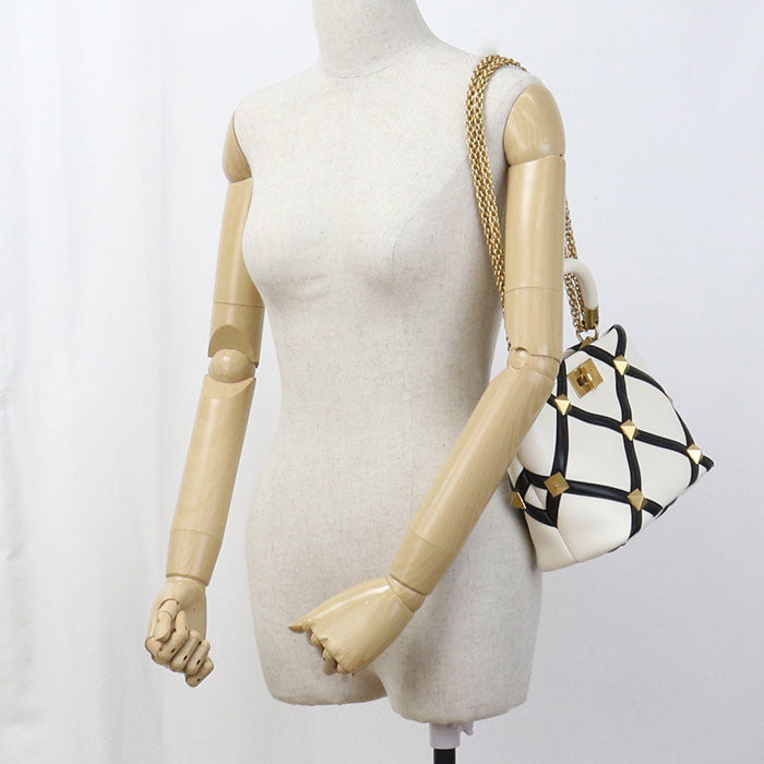 Valentino 2Way Handle Bag Roman Studs Handbagn Nappa Leather White Women