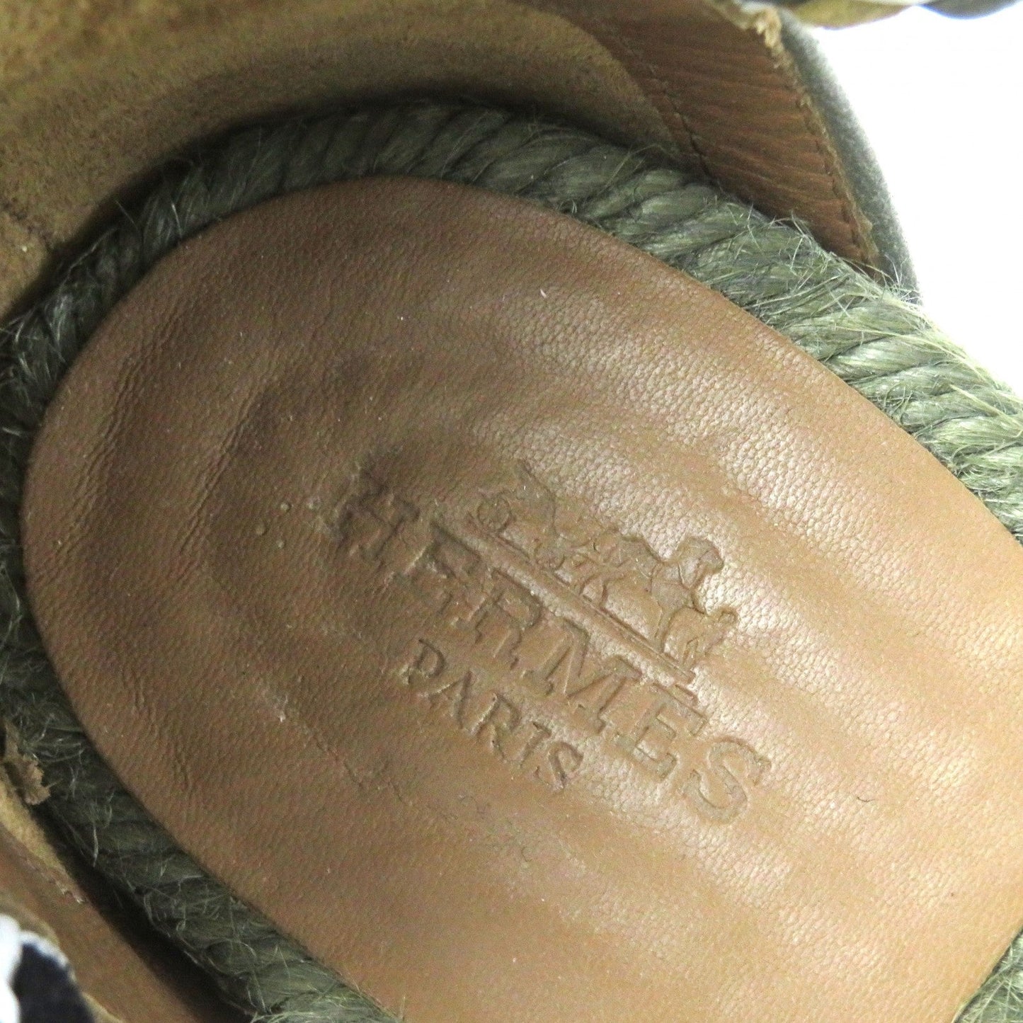 Hermes Sandals Leather Khaki Flat Shoes Ankle With Strap Mesh Design Women 36