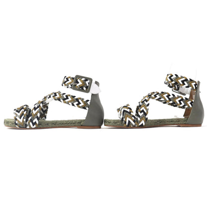 Hermes Sandals Leather Khaki Flat Shoes Ankle With Strap Mesh Design Women 36