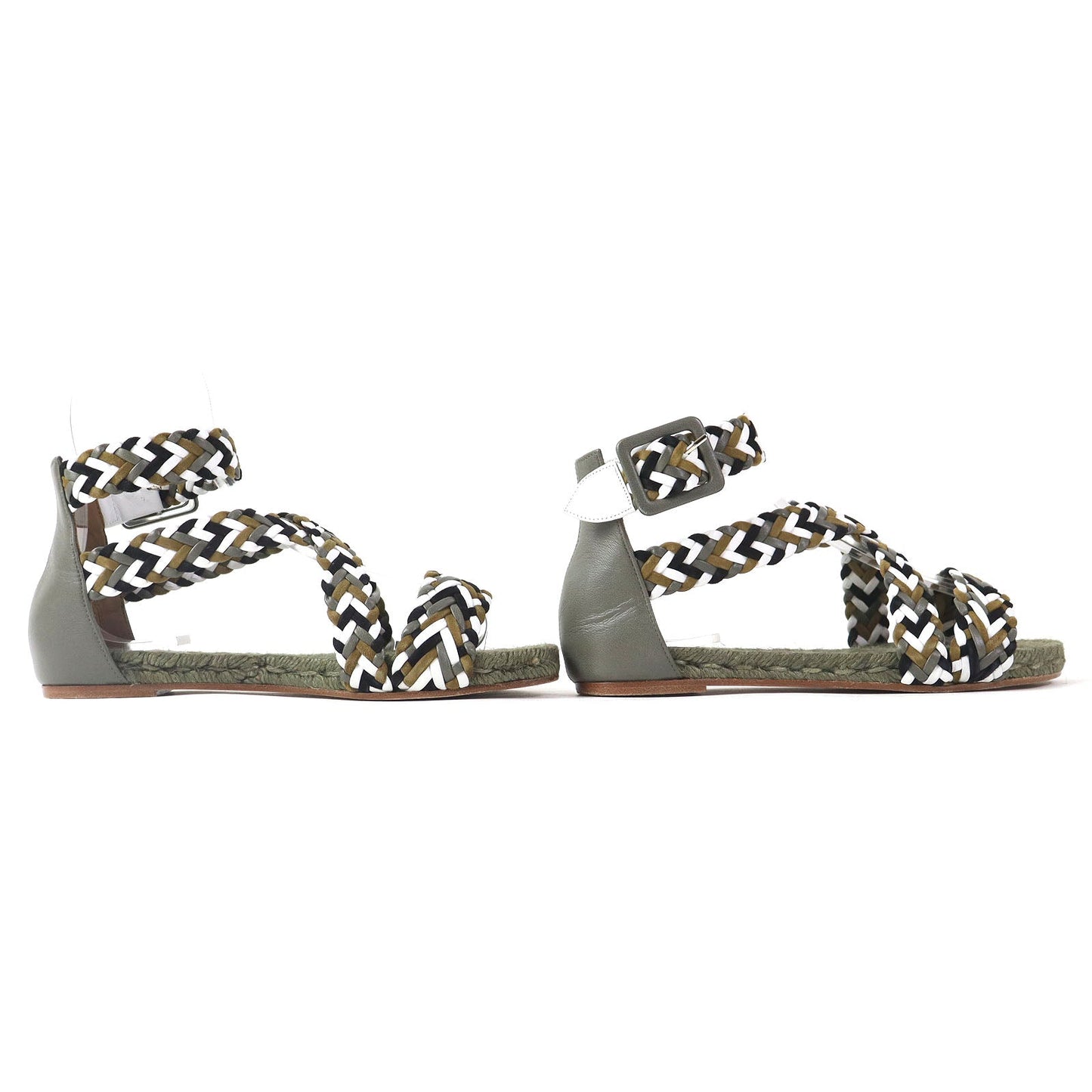 Hermes Sandals Leather Khaki Flat Shoes Ankle With Strap Mesh Design Women 36