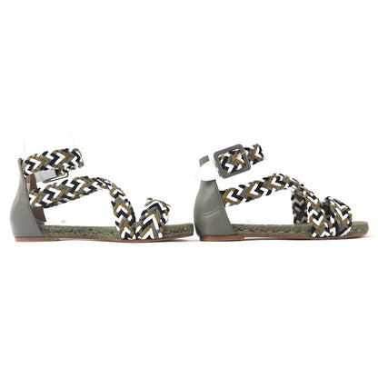 Hermes Sandals Leather Khaki Flat Shoes Ankle With Strap Mesh Design Women 36