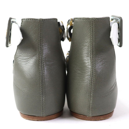 Hermes Sandals Leather Khaki Flat Shoes Ankle With Strap Mesh Design Women 36