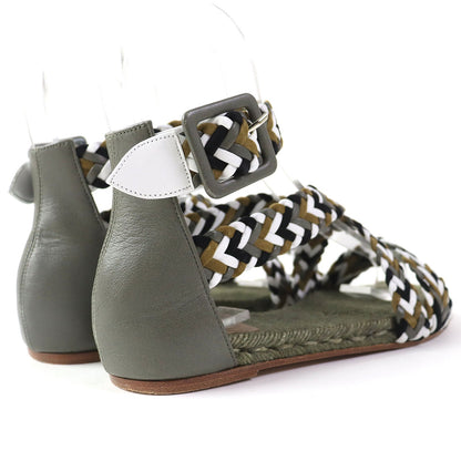 Hermes Sandals Leather Khaki Flat Shoes Ankle With Strap Mesh Design Women 36
