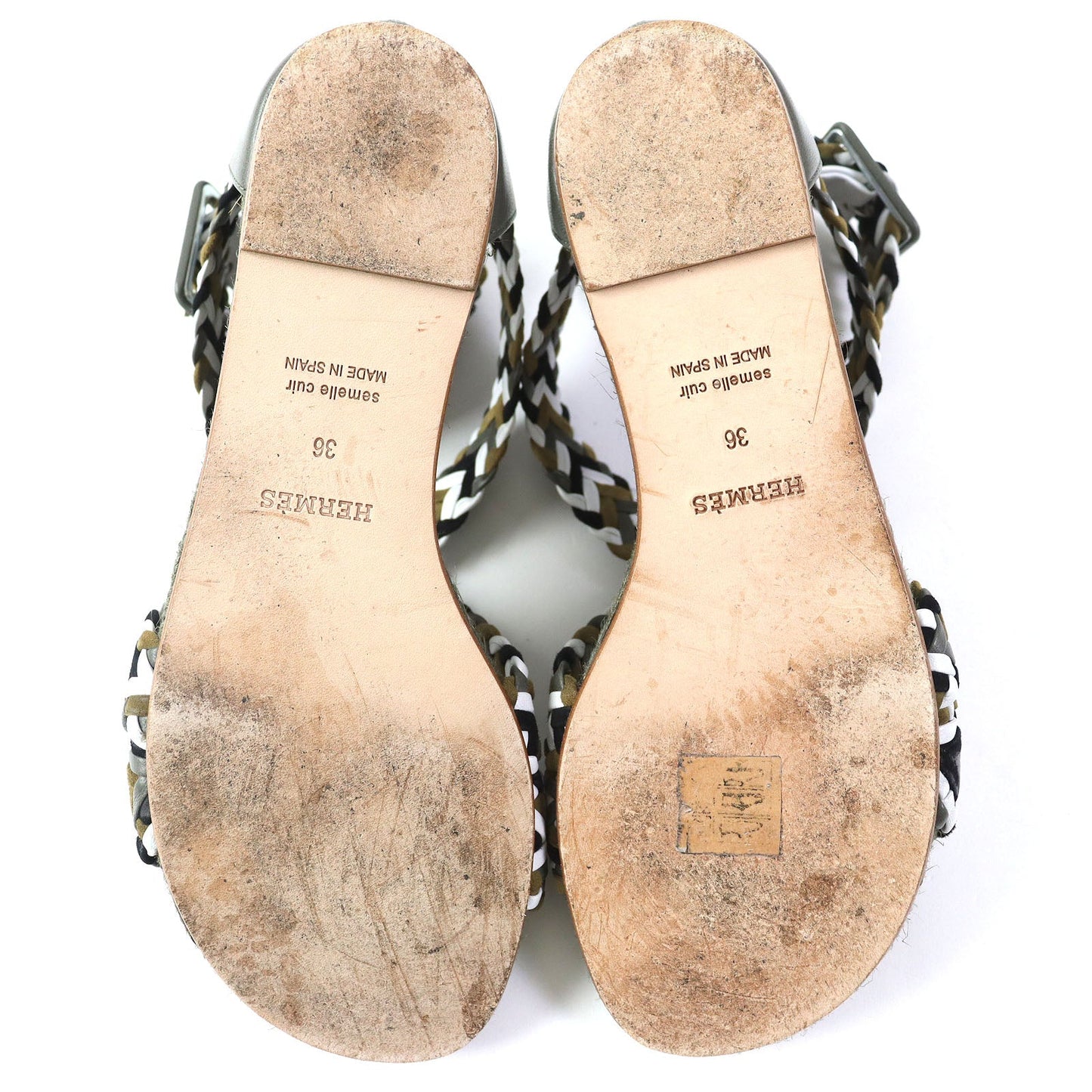 Hermes Sandals Leather Khaki Flat Shoes Ankle With Strap Mesh Design Women 36