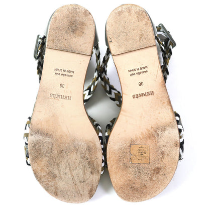 Hermes Sandals Leather Khaki Flat Shoes Ankle With Strap Mesh Design Women 36