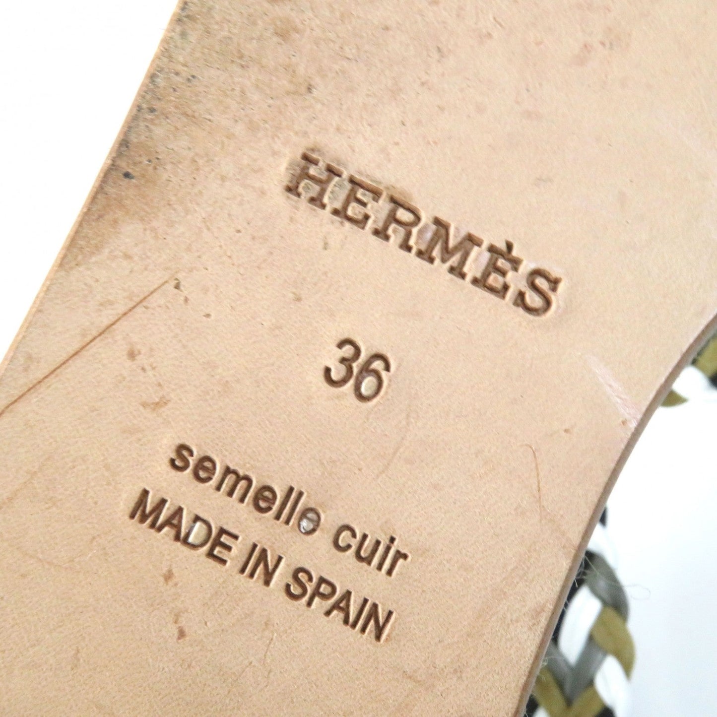 Hermes Sandals Leather Khaki Flat Shoes Ankle With Strap Mesh Design Women 36