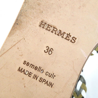 Hermes Sandals Leather Khaki Flat Shoes Ankle With Strap Mesh Design Women 36