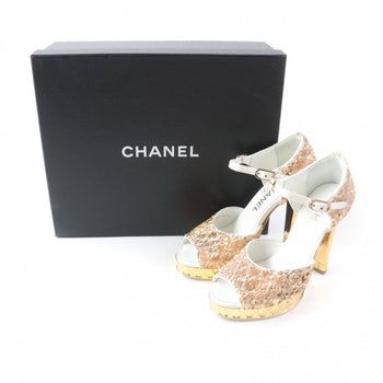 Chanel Sandals 21A G37590 Material Unknown Gold Open Toe Sequin Sandals Angle Strap Women 35 C