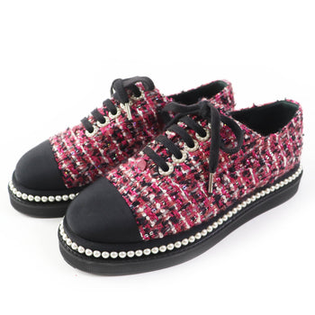 Chanel Low Cut Sneakers G32357 Tweed Pink Black Women 35