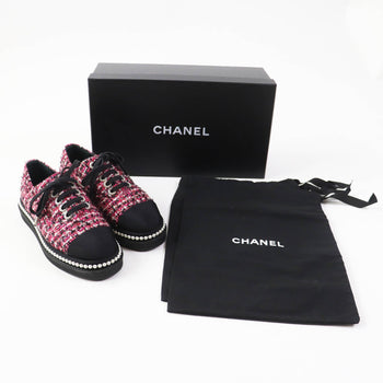 Chanel Low Cut Sneakers G32357 Tweed Pink Black Women 35