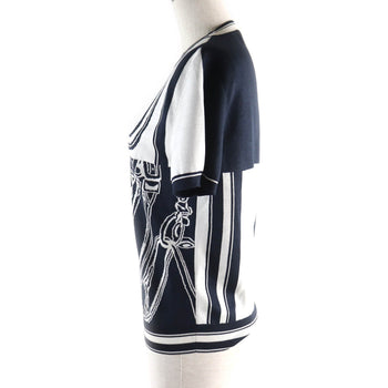 Hermes Short Sleeve Knit Silk Navy White Chaos Women 38